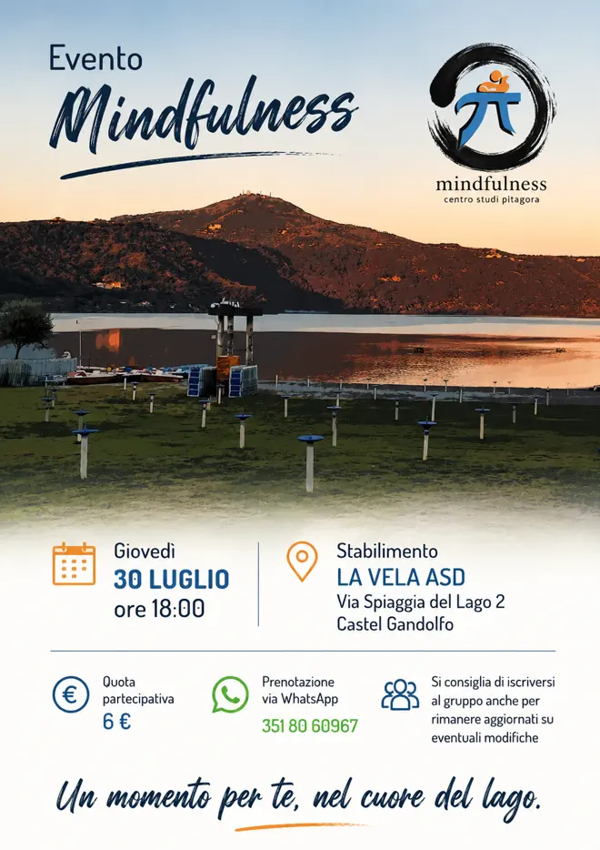 Locandina Mindfulness al lago, 30 luglio allo stabilimento La Vela ASD